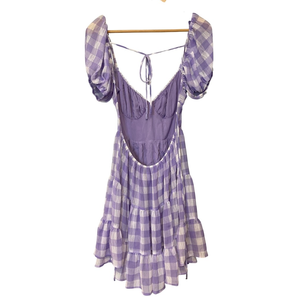 Princess Polly Purple Gingham Tiered Mini Dress Open Back Puff Sleeve Womens 4 - Picture 2 of 8